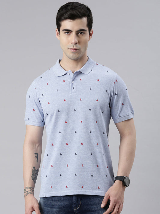 Men's Sky Blue Printed Polo Collar T-Shirt