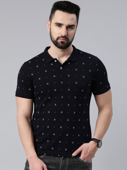 Men's Navy Blue Printed Polo Collar T-Shirt