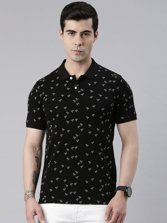 Men's Black Printed Polo Collar T-Shirt