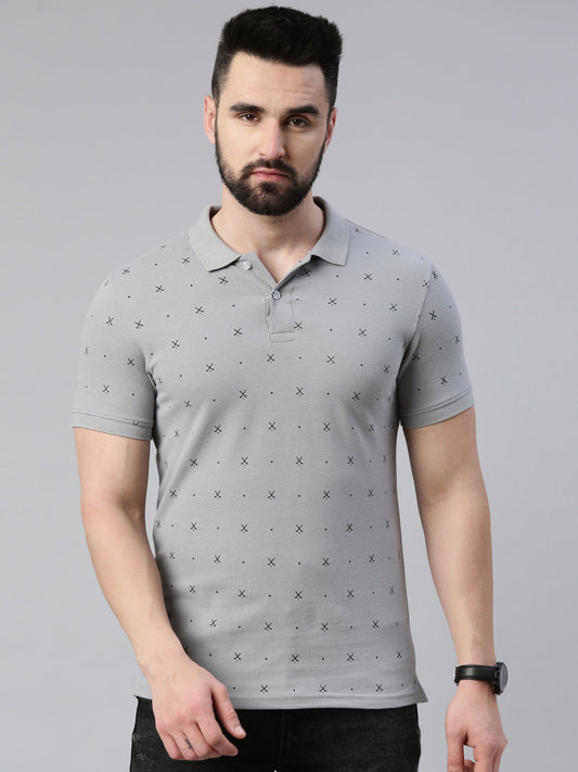 Men's Steel Grey Printed Polo Collar T-Shirt
