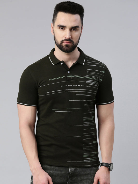 Men's Olive Printed Polo Collar T-Shirt