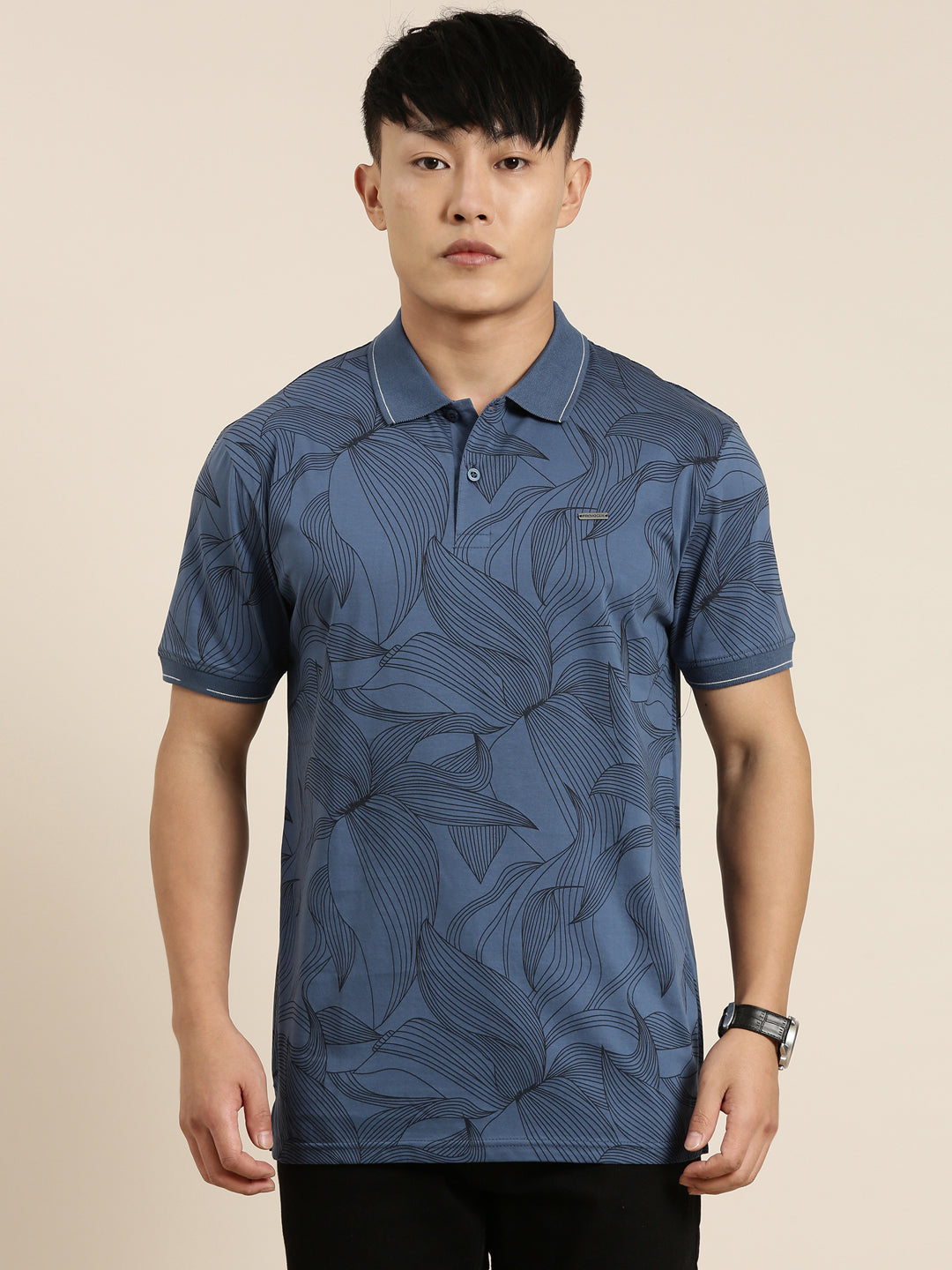 Mercerised Cotton Polo Collar Printed Tshirt in Denim Blue
