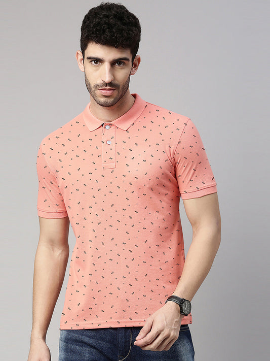 Men's Peach Printed Polo Collar T-Shirt