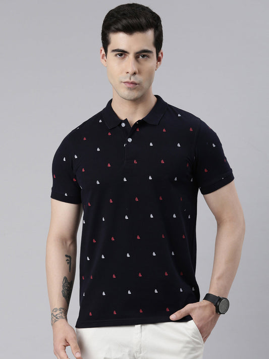 Men's Navy Blue Printed Polo Collar T-Shirt