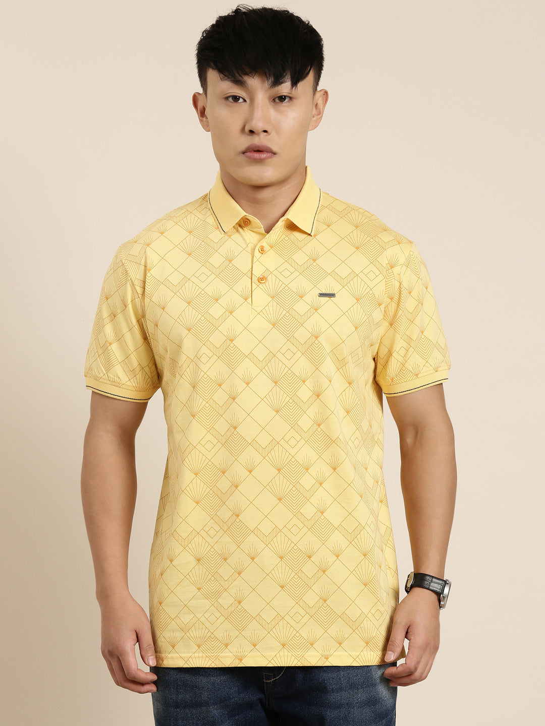 Mercerised Cotton Polo Collar Printed Tshirt in Yellow