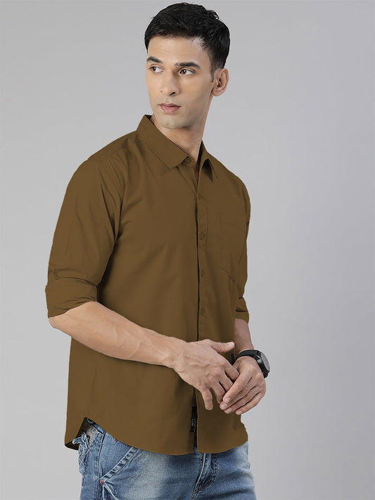Men's Khaki Solid Full Sleeve Slim Fit Casual Shirt