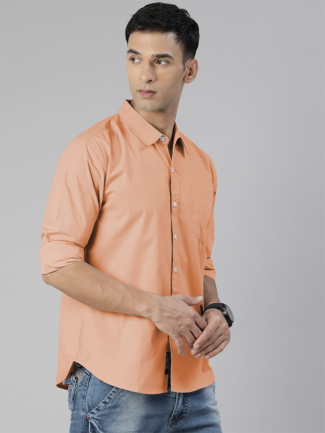 Men's Peach Solid Full Sleeve Slim Fit Casual Shirt