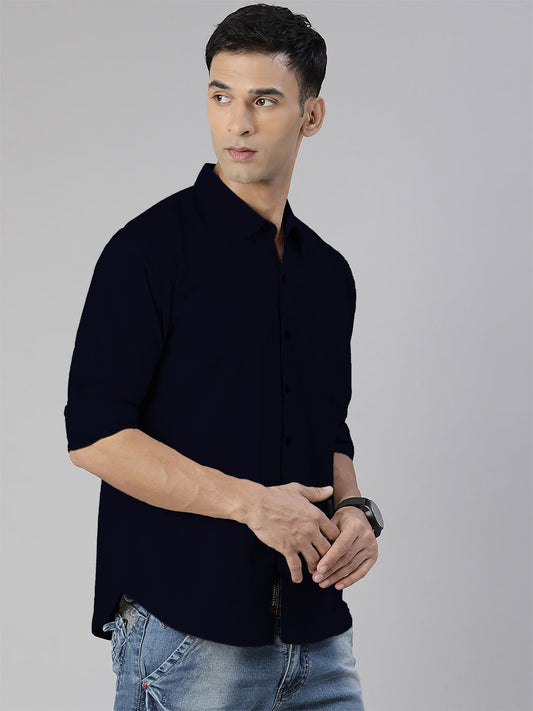 Men's Navy Blue Solid Full Sleeve Slim Fit Casual Shirt