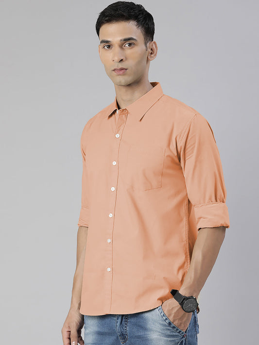 Men's Peach Solid Full Sleeve Slim Fit Casual Shirt