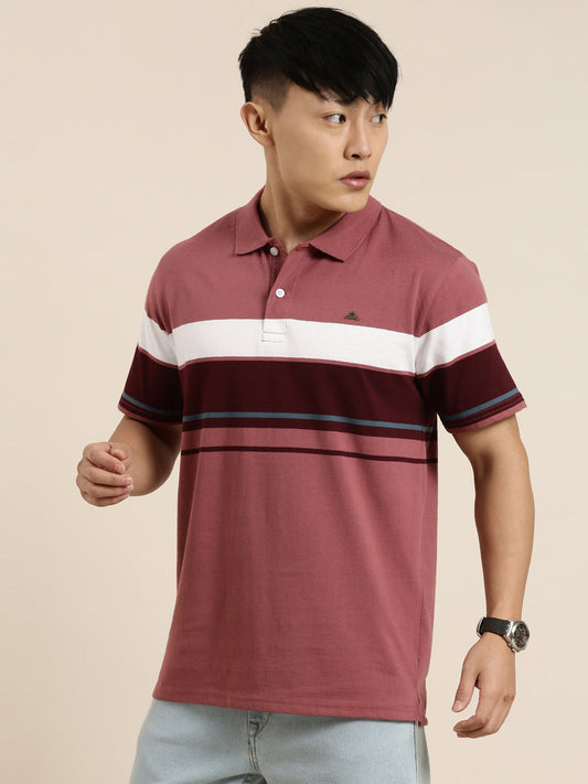 Men's Casual Light Wine Striped Polo Collar T-Shirt