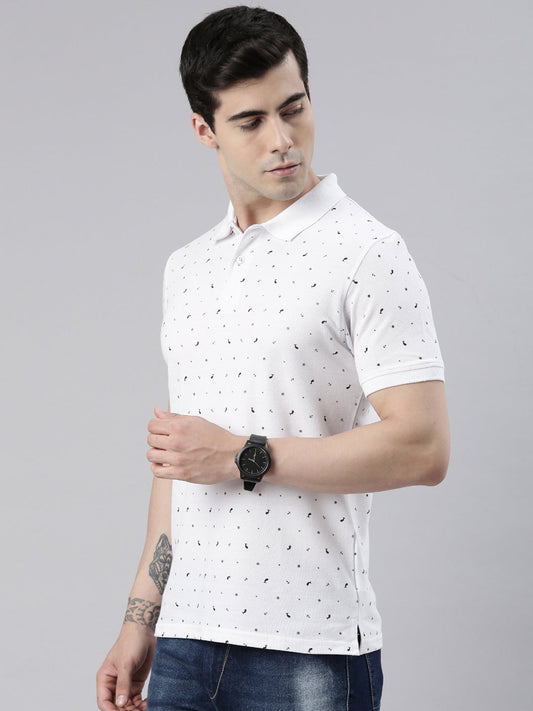 Men's White Printed Polo Collar T-Shirt
