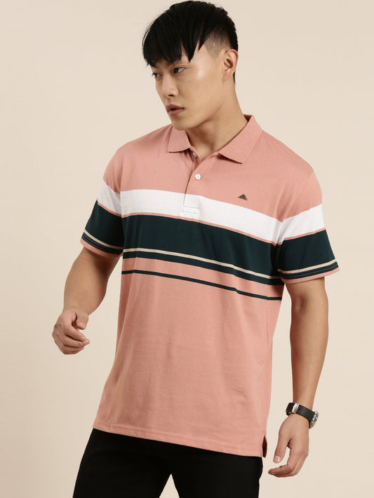 Men's Casual Light Orange Striped Polo Collar T-Shirt