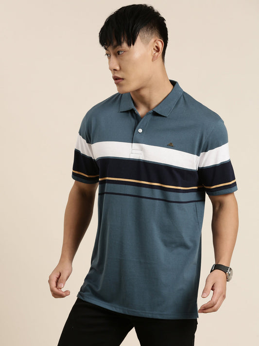 Men's Casual Denim Blue Striped Polo Collar T-Shirt