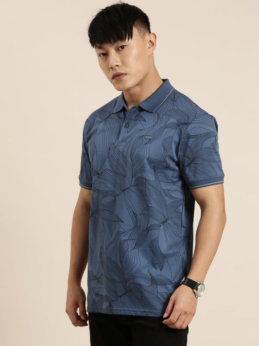 Mercerised Cotton Polo Collar Printed Tshirt in Denim Blue