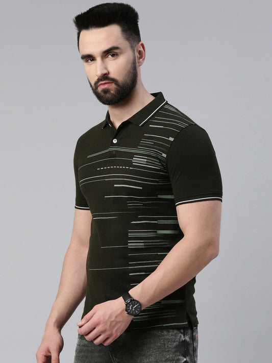 Men's Olive Printed Polo Collar T-Shirt