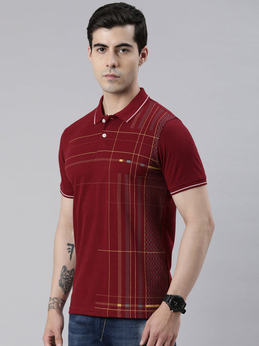 Men's Maroon Printed Polo Collar T-Shirt