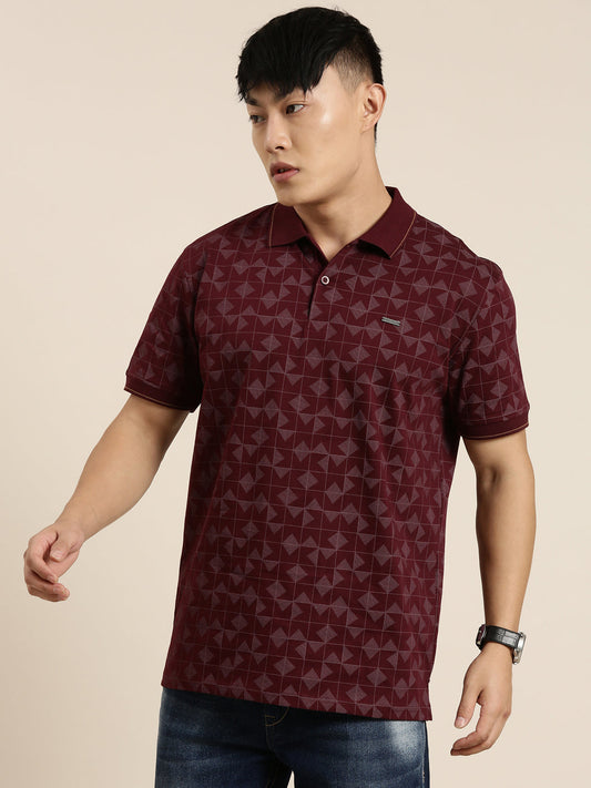 Mercerised Cotton Polo Collar Printed Tshirt in Wine