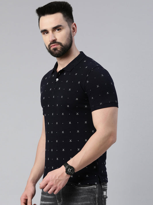 Men's Navy Blue Printed Polo Collar T-Shirt