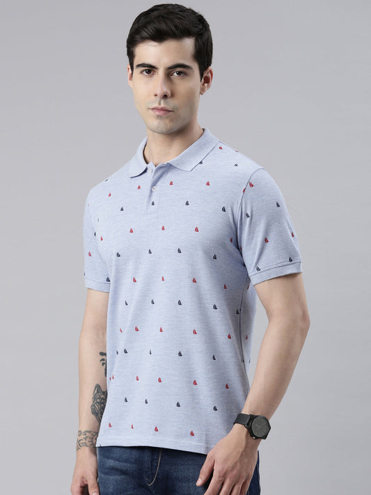 Men's Sky Blue Printed Polo Collar T-Shirt