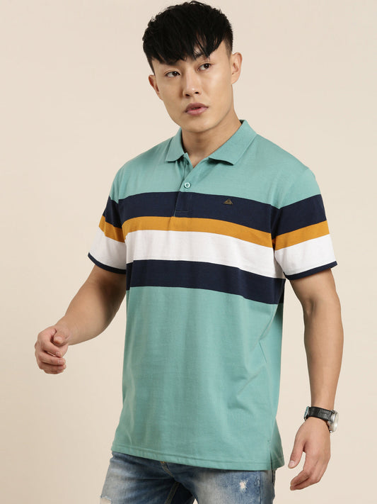 Men's Casual Green Striped Polo Collar T-Shirt