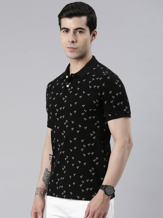 Men's Black Printed Polo Collar T-Shirt