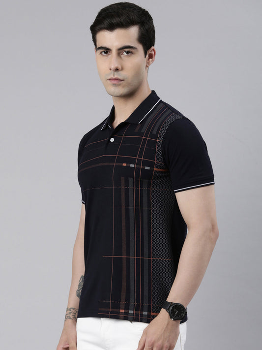 Men's Navy Blue Printed Polo Collar T-Shirt