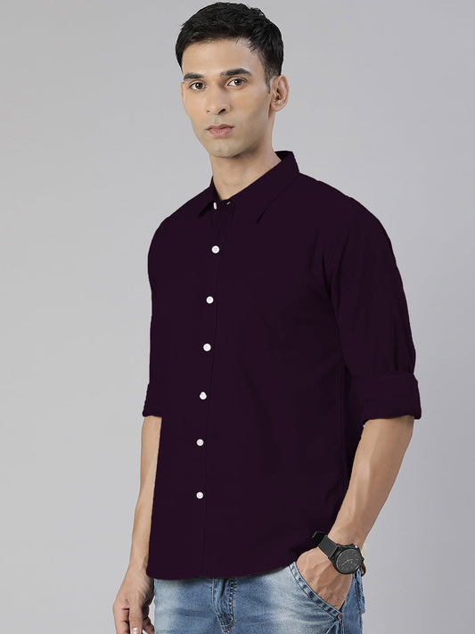 Men's Wine Solid Full Sleeve Slim Fit Casual Shirt