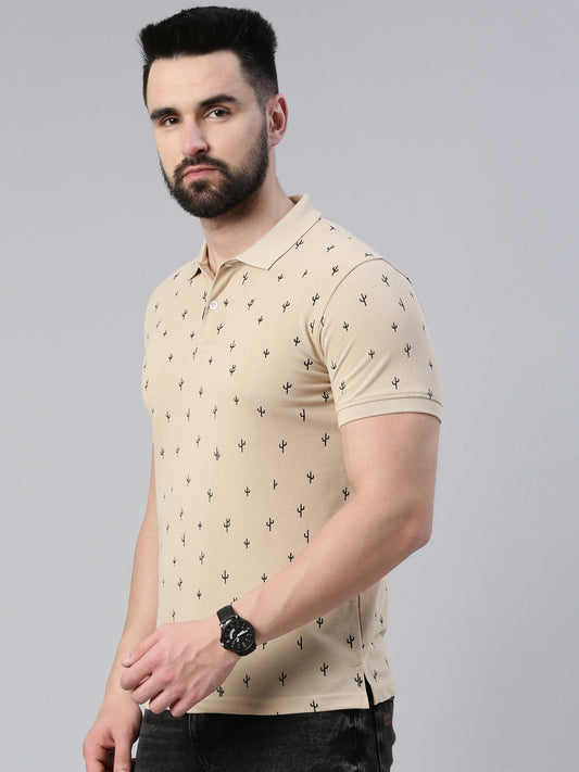 Men's Beige Printed Polo Collar T-Shirt
