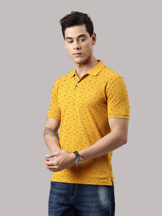 Men's Mustard Printed Polo Collar T-Shirt