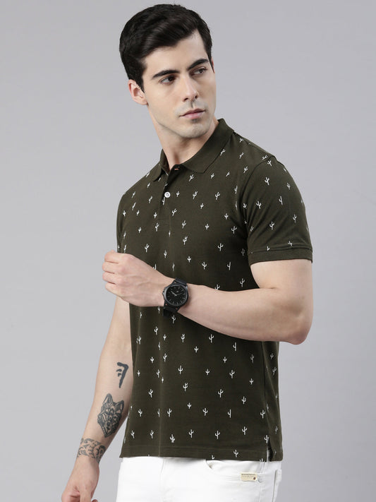 Men's Olive Printed Polo Collar T-Shirt