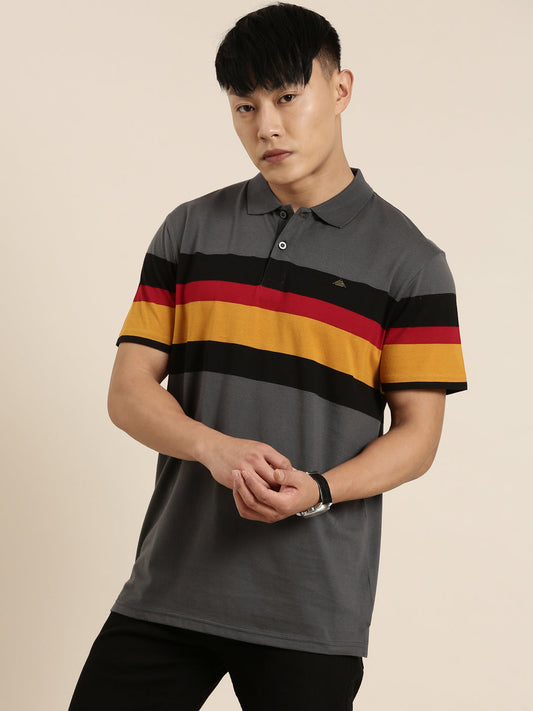 Men's Casual Dark Grey Striped Polo Collar T-Shirt