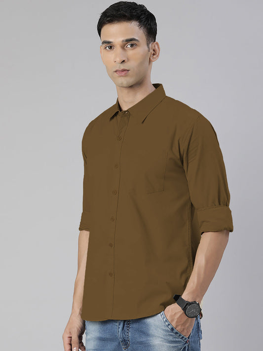 Men's Khaki Solid Full Sleeve Slim Fit Casual Shirt
