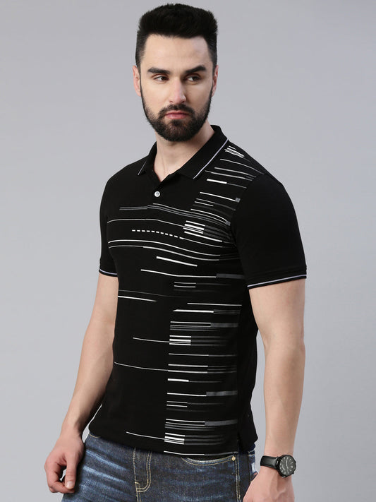 Men's Black Printed Polo Collar T-Shirt