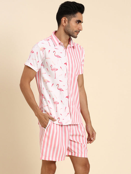 Joven Men's Pink And White Printed Co-Ords Set