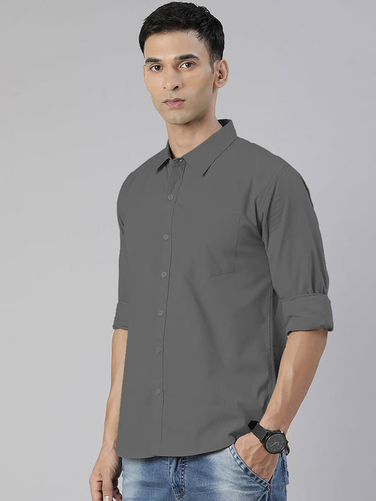 Men's Dark Grey Solid Full Sleeve Slim Fit Casual Shirt