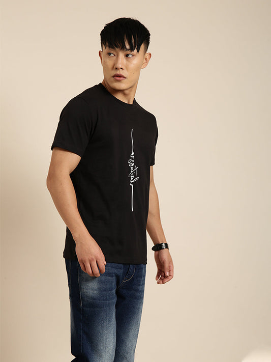 JOVEN Men Black Printed Pure Cotton Oversize Tshirt
