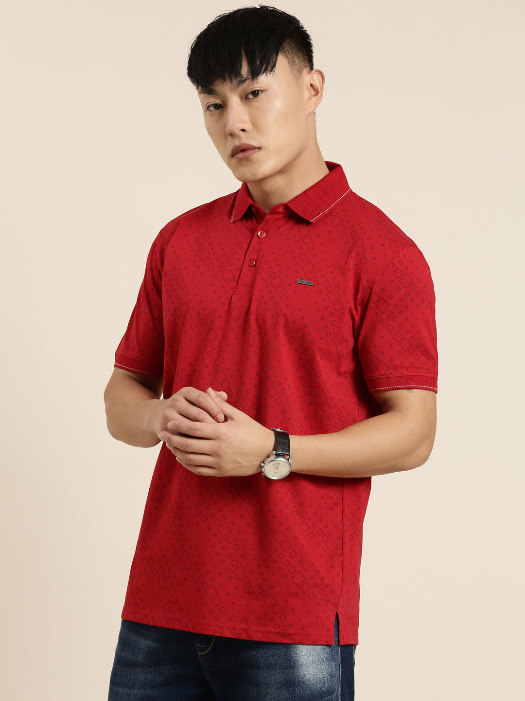 Mercerised Cotton Polo Collar Printed Tshirt in Red