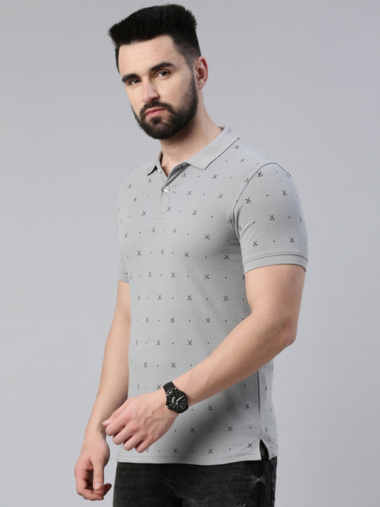 Men's Steel Grey Printed Polo Collar T-Shirt