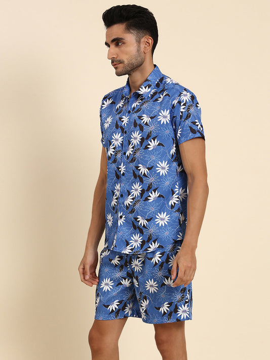 Joven Men's Dark Blue Printed Co-Ords Set