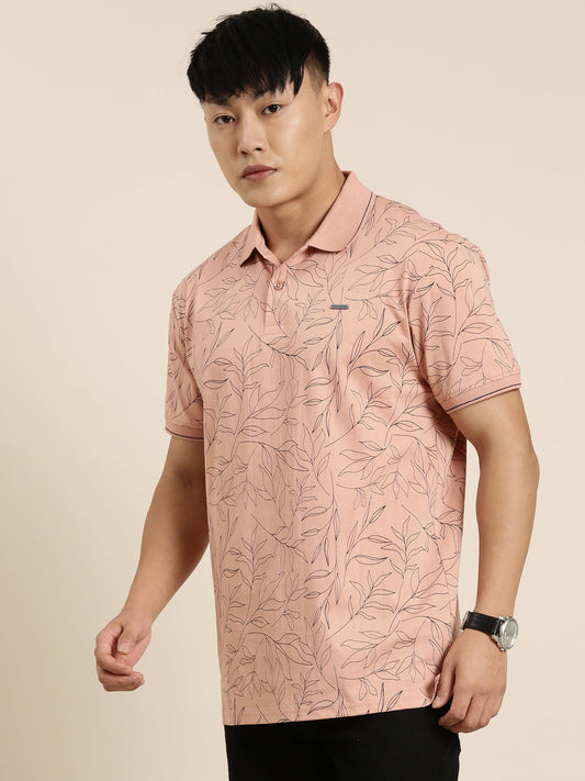 Mercerised Cotton Polo Collar Printed Tshirt in Peach
