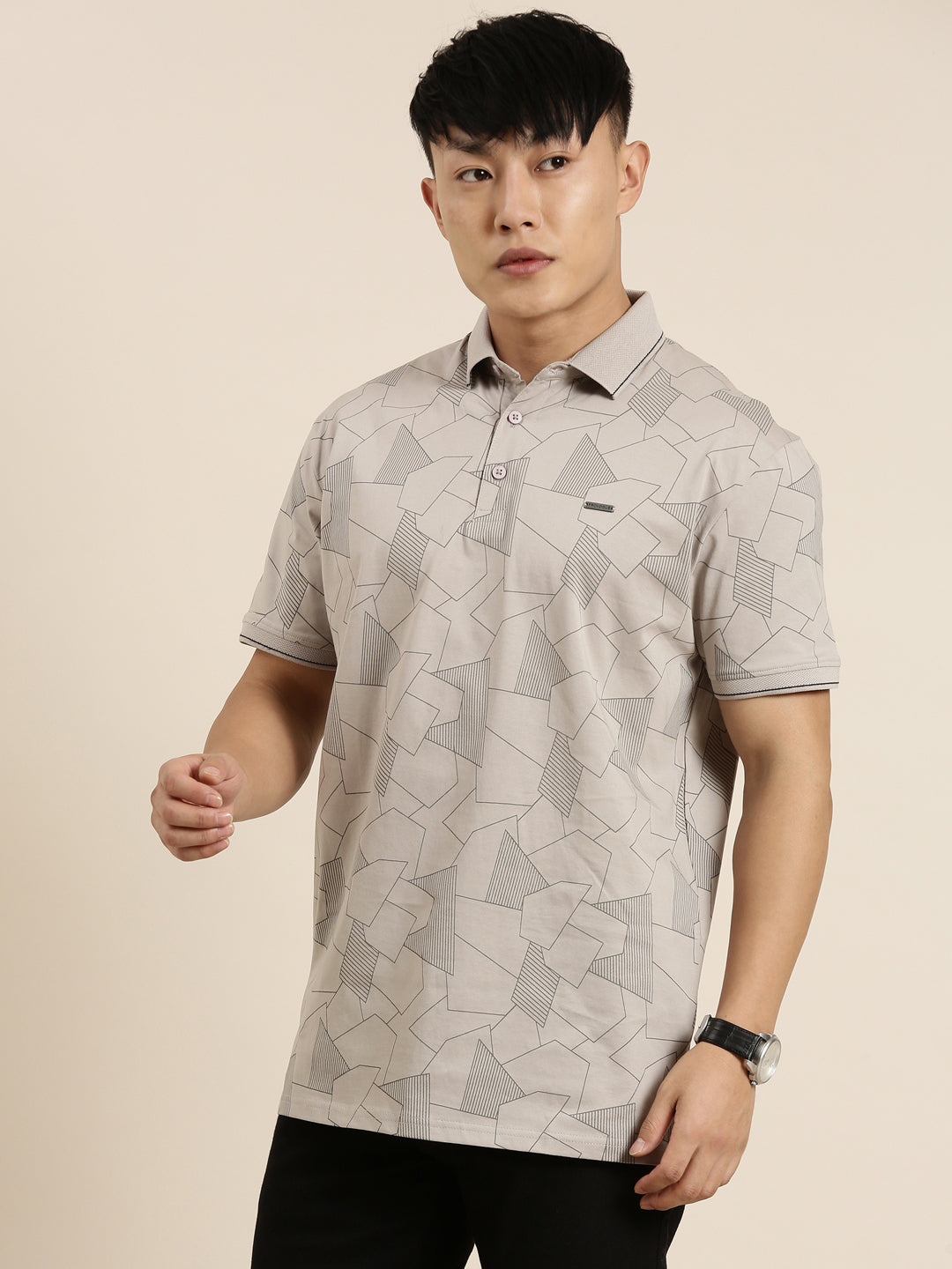 Mercerised Cotton Polo Collar Printed Tshirt in Steel Grey