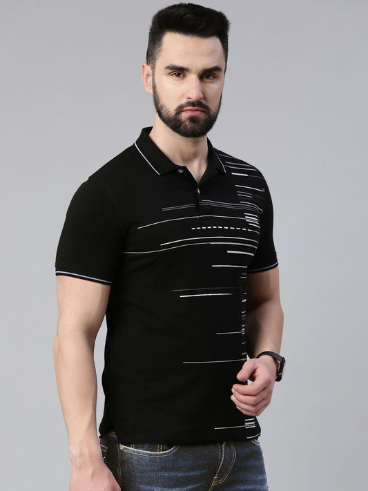 Men's Black Printed Polo Collar T-Shirt