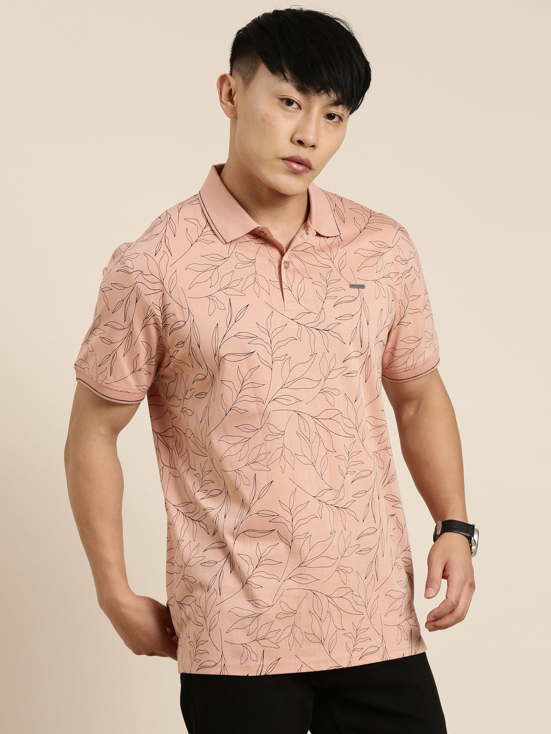 Mercerised Cotton Polo Collar Printed Tshirt in Peach