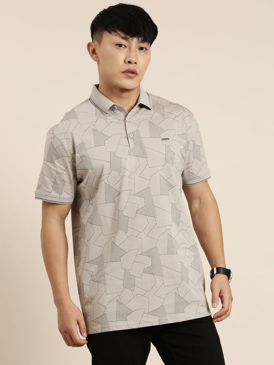 Mercerised Cotton Polo Collar Printed Tshirt in Steel Grey