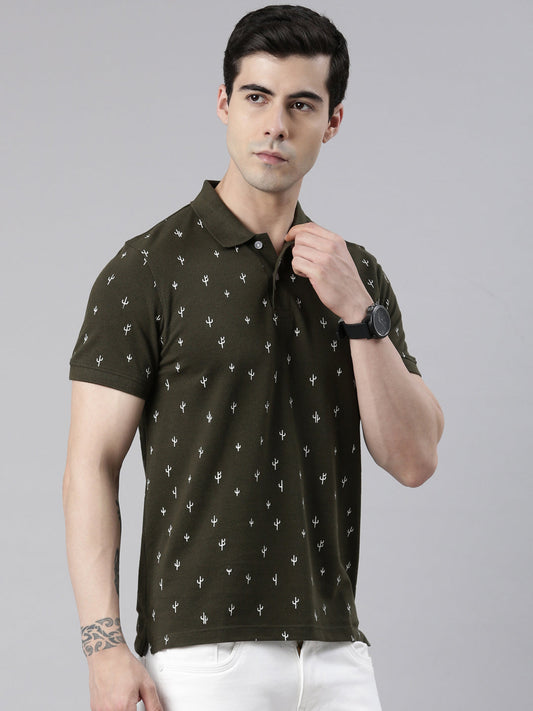 Men's Olive Printed Polo Collar T-Shirt