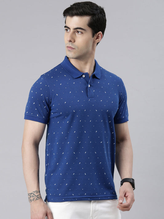 Men's Royal Blue Printed Polo Collar T-Shirt