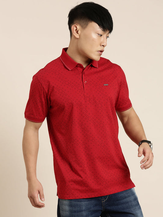 Mercerised Cotton Polo Collar Printed Tshirt in Red