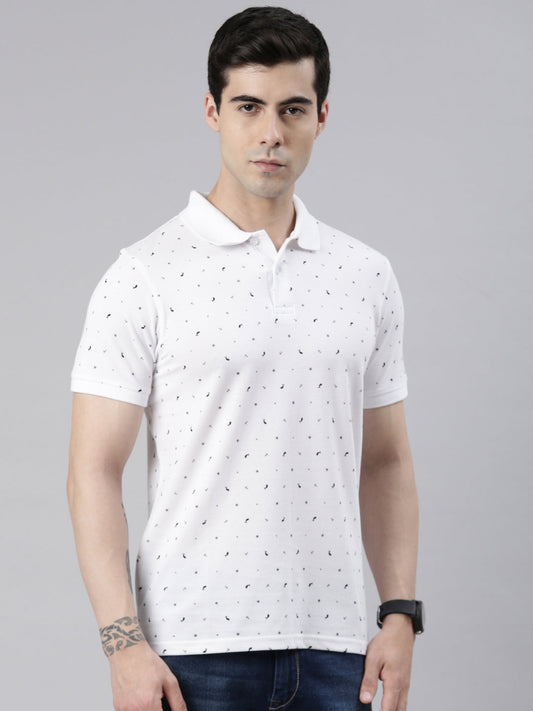 Men's White Printed Polo Collar T-Shirt