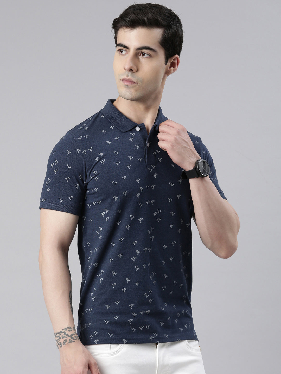 Men's Denim Blue Printed Polo Collar T-Shirt