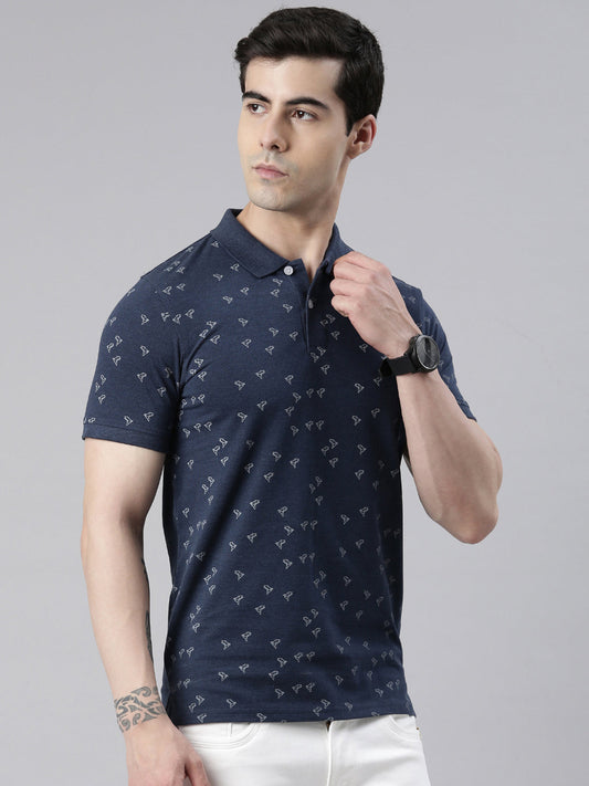 Men's Denim Blue Printed Polo Collar T-Shirt